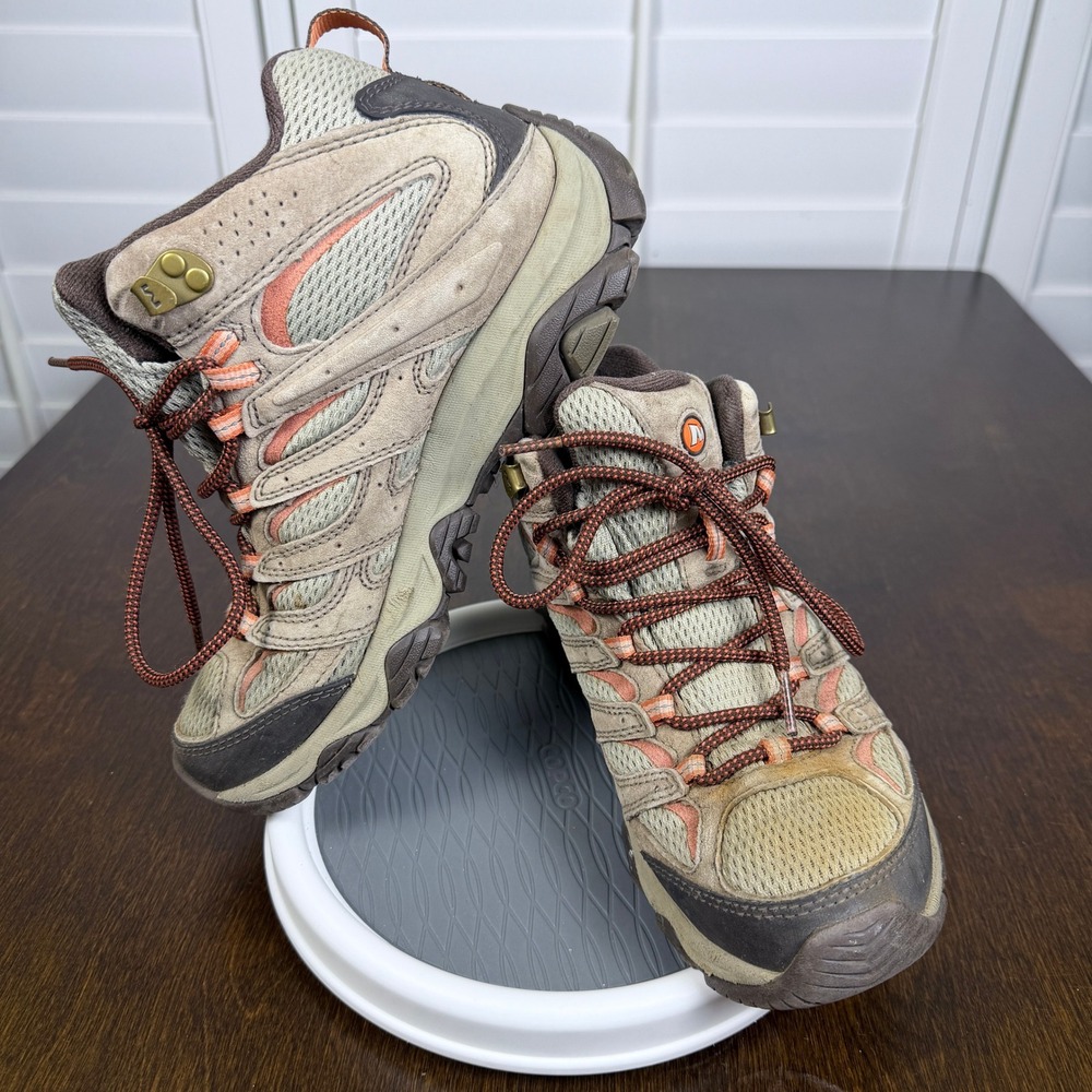 Merrell Moab 2 Mid Waterproof Hiking Boots Women 8.5 Taupe Coral J06048 Vibram